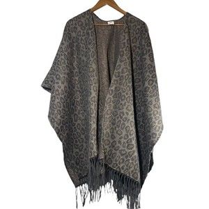 Woolrich Leopard Print Soft Cozy Fringe Trim Open Cardigan Blanket Wrap